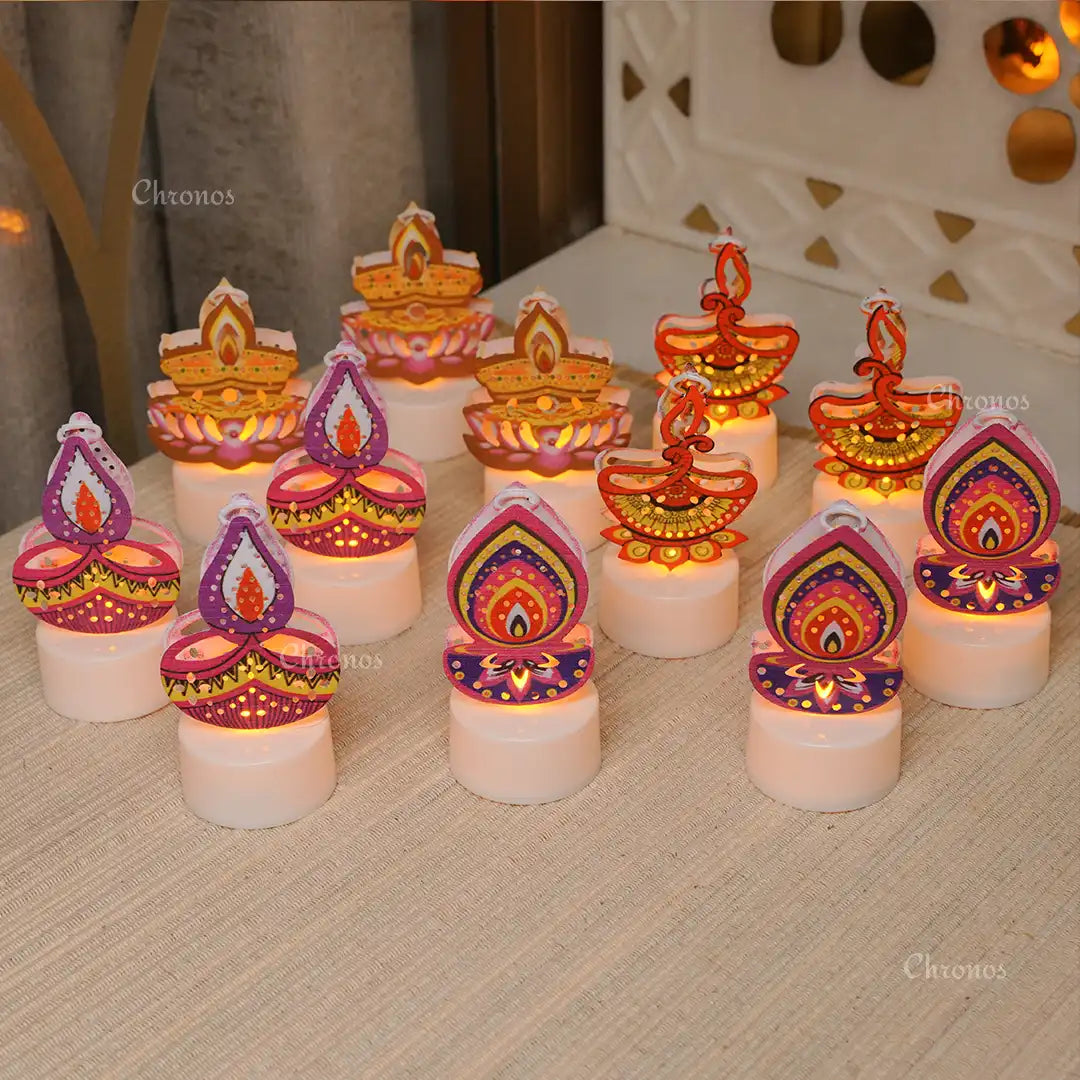Printed Metal LED Tealight Candle Pack of 12 – Warm Flickering Glow for Ganpati & Pooja Décor