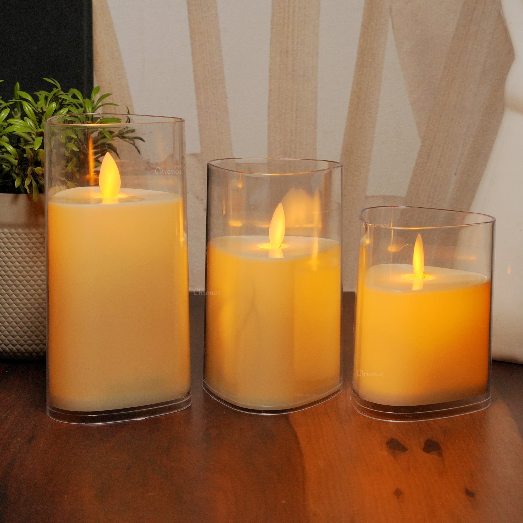 Triangular-shaped acrylic LED candle, ideal for weddings, Diwali, and Christmas celebrations.