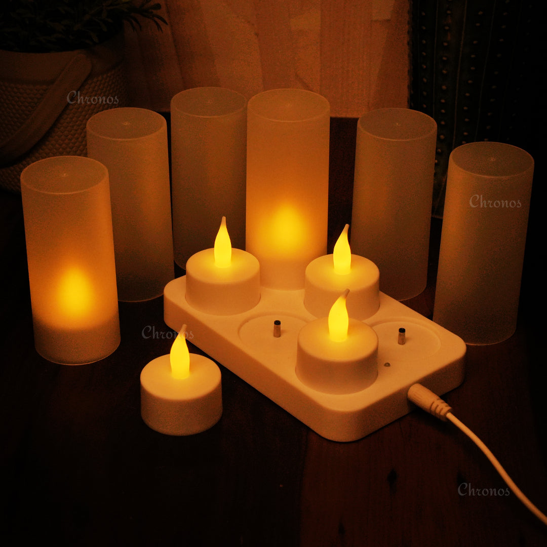 Rechargeable LED tea light candles in a pack of 6 with frosted holders for safe and eco-friendly lighting.