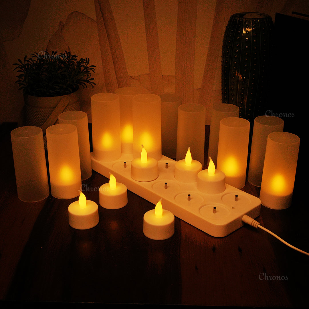 Set of 12 rechargeable LED tea light candles with frosted holders and USB charging base.