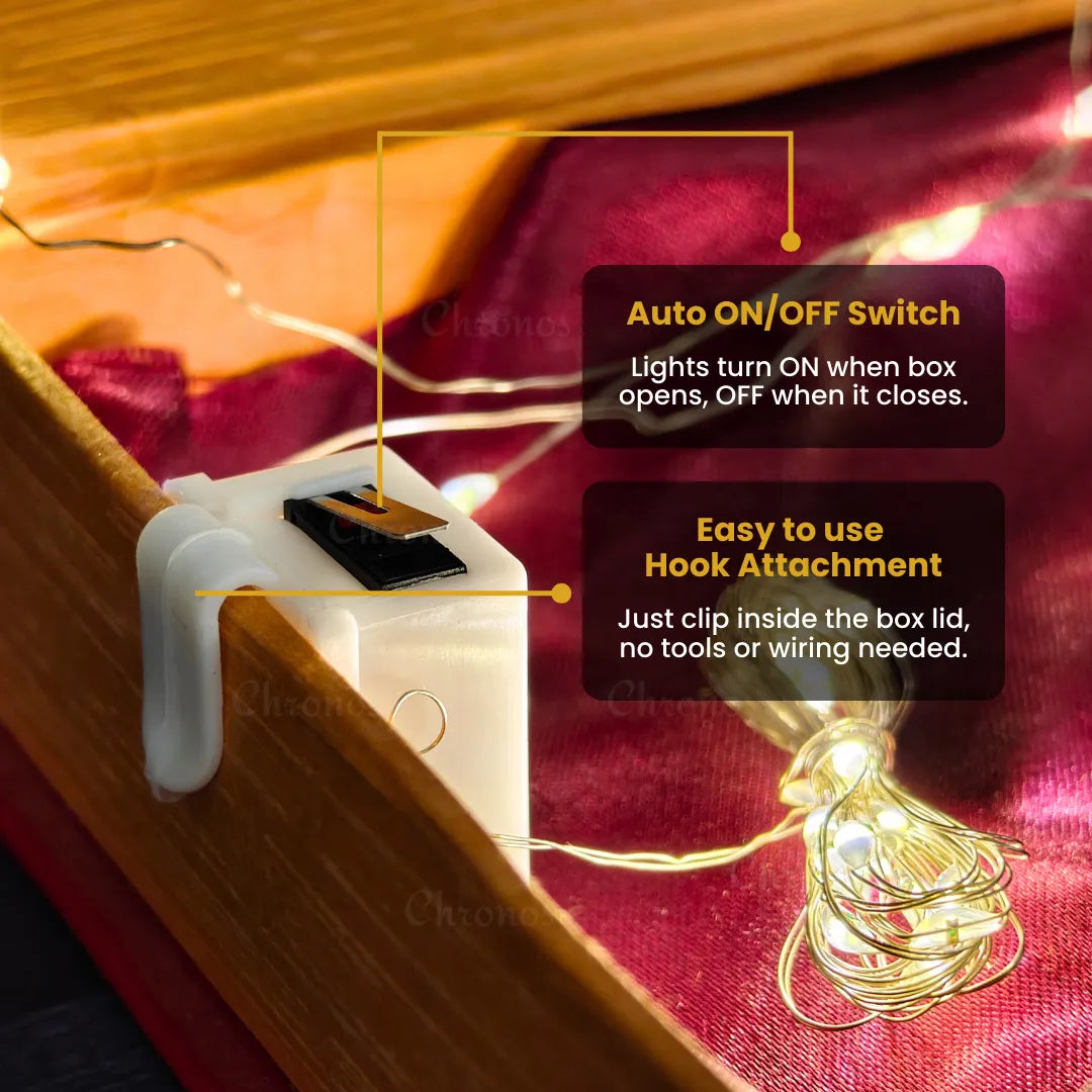 Fairy light unit with built-in hook for easy installation in hamper or gift box.