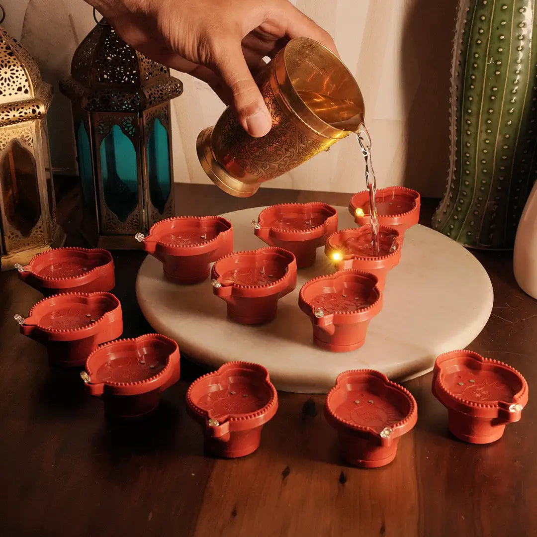 Reusable LED Brown Diyas with Water Sensor – Pack of 6 or 12, Perfect for Diwali, Navratri, and Pooja Decoration – Chronos Lights