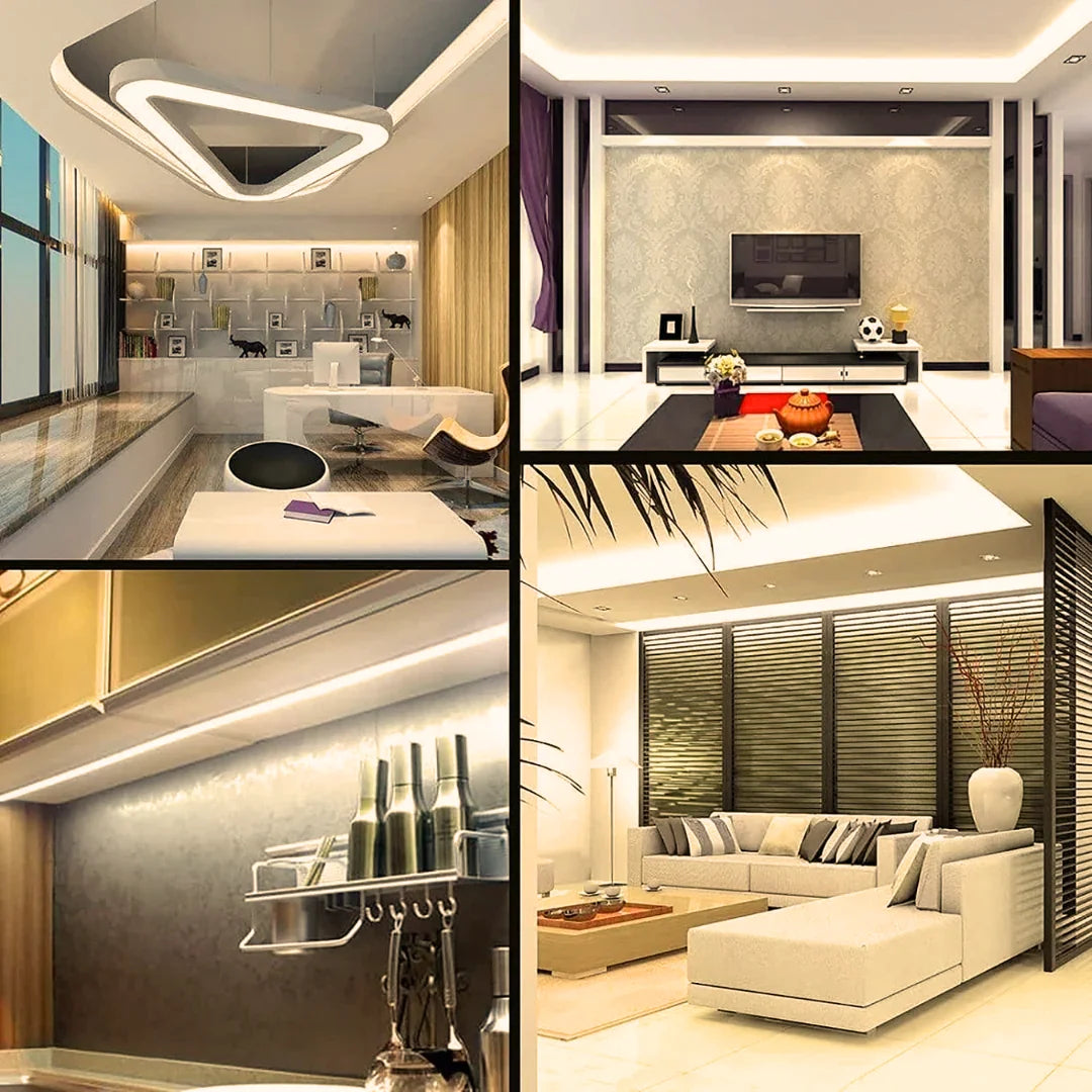 Collage of modern interior design elements including a kitchen, living room, and bathroom.