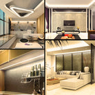 Collage of modern interior design elements including a kitchen, living room, and bathroom.