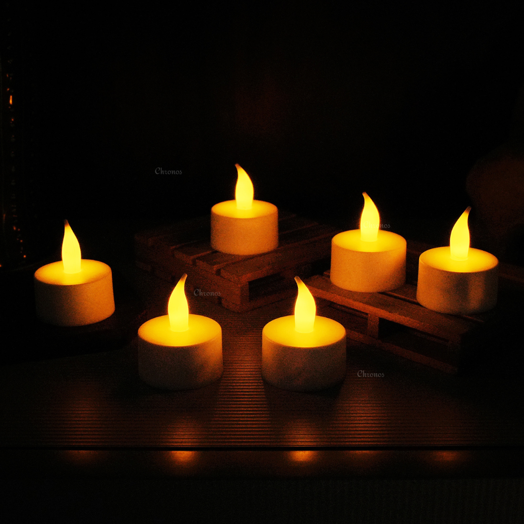 Compact pack of 6 rechargeable flameless LED tea light candles for home decor.