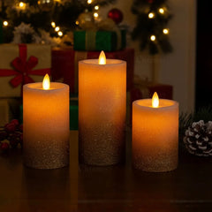 LED Moving Flame Glitter Pillar Candle – Flameless, Battery Operated, Warm White Glow (Multiple Sizes)