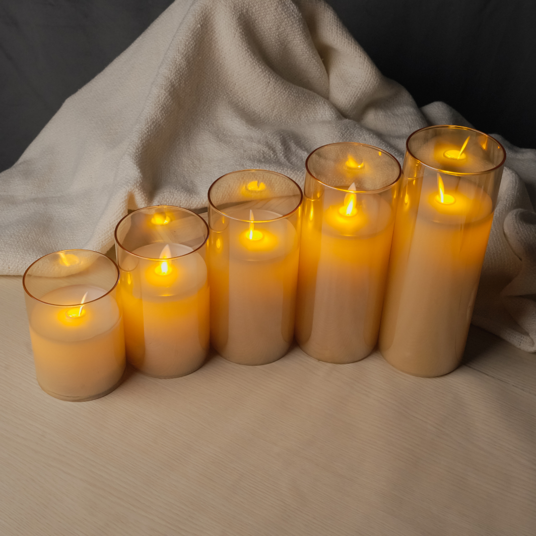 Premium golden glass LED pillar candle for festive, wedding, and modern décor