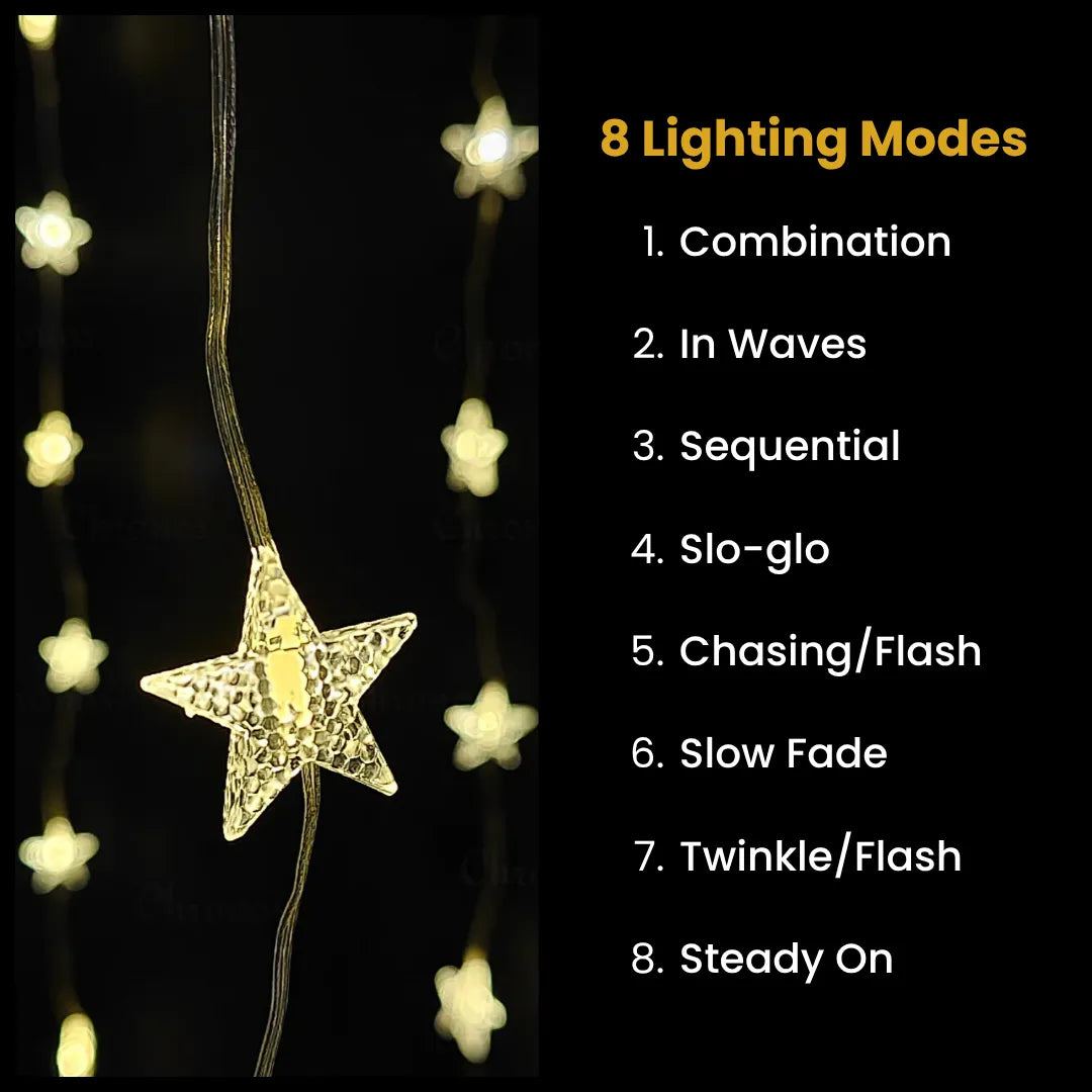 Warm white star curtain LED lights with 10 string drops for elegant décor