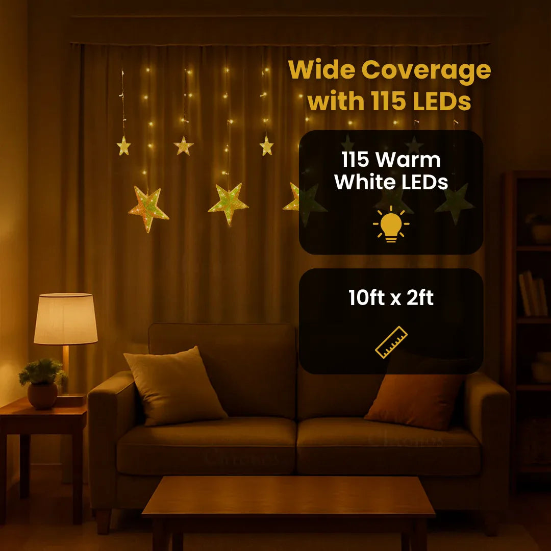 Warm white star hanging curtain lights ideal for weddings and celebration backdrops
