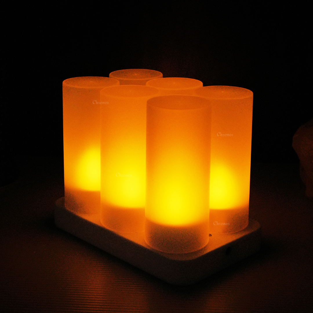 Windproof rechargeable LED tea lights ideal for indoor and outdoor celebrations.