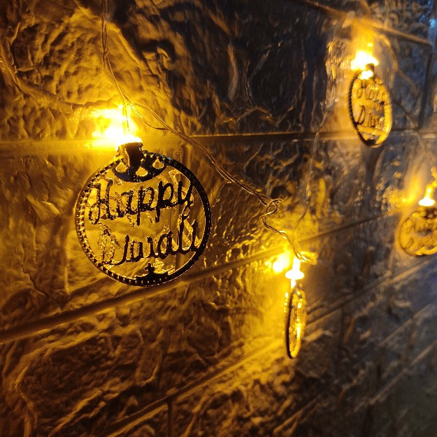 Happy Diwali Metal String Lights | Amber Yellow LED
