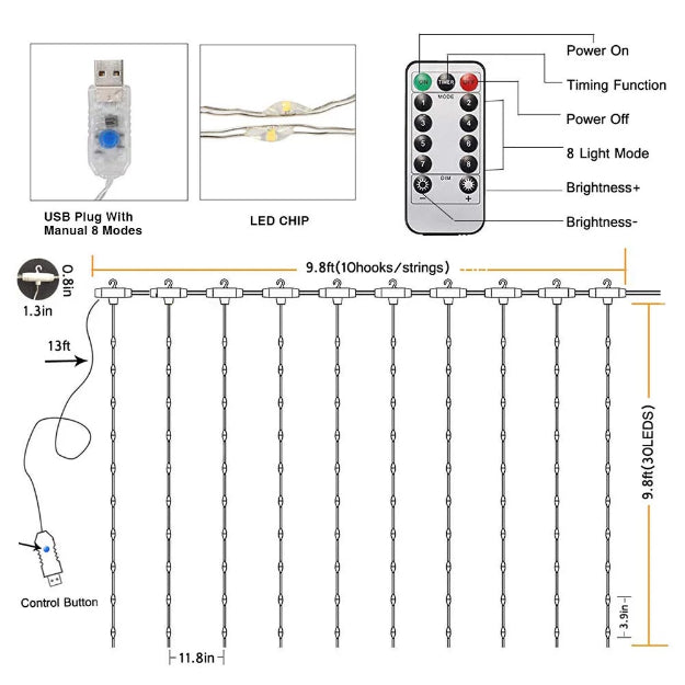 Curtain Fairy Lights - USB Powered | 8 Function Remote Control | Warm White - Chronos