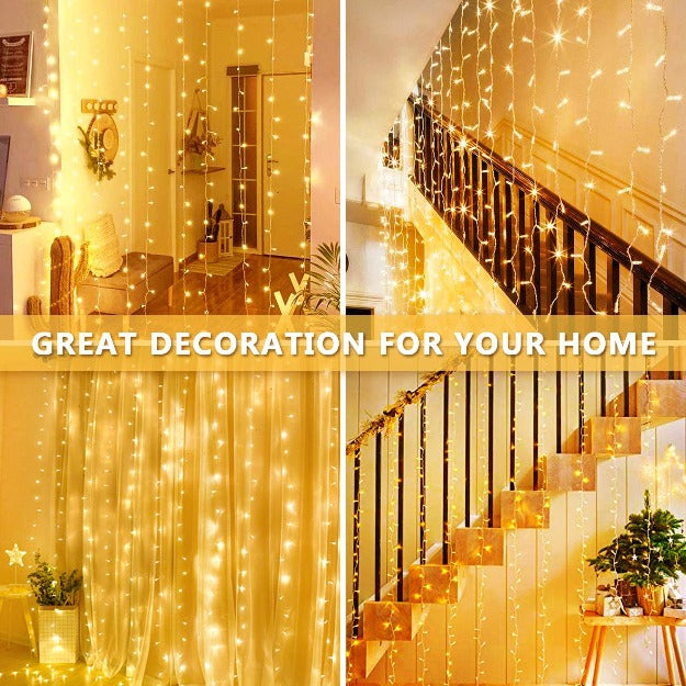 Curtain LED lights with 8 flashing modes including waves, sequential, and steady glow