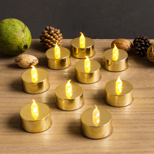 ChronosLights LED gold tea light candles with warm amber yellow glow