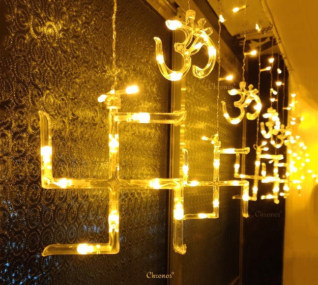 Yellow LED OM Swastik curtain string lights for Diwali, Navratri, Ganesh Chaturthi, and festive décor