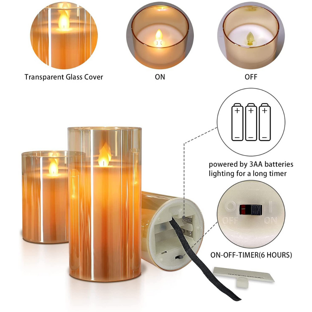 Golden Glass LED Moving Flame Pillar Candle | Chronos Lights