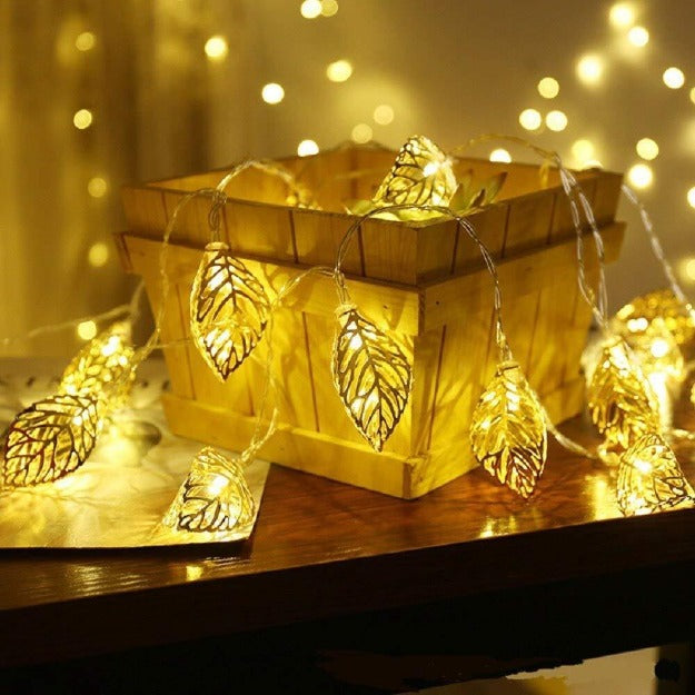 Elegant metal leaf decorative string lights with warm white LEDs for home décor