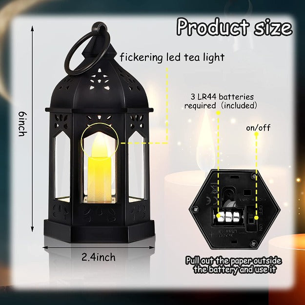 Mini Vintage Lantern with LED Pillar Candle | Pack of 6 | Battery Operated | Chronos Lights