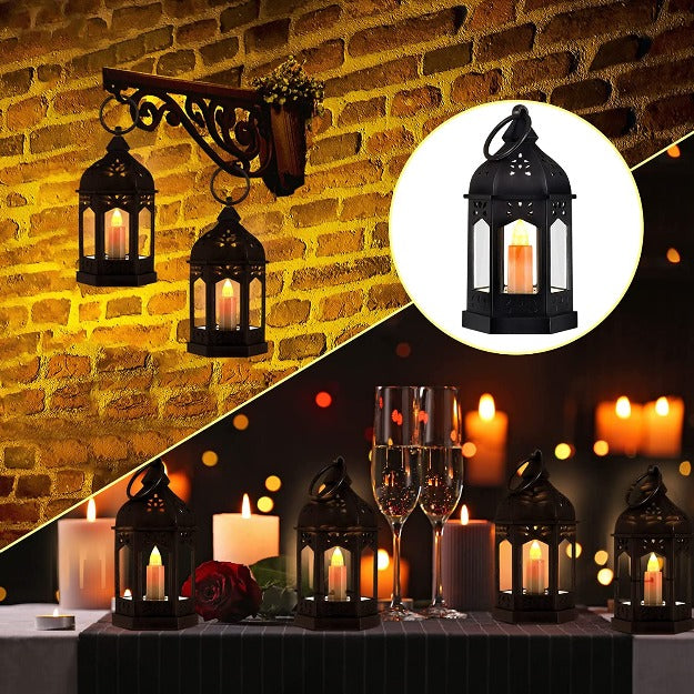 Mini Vintage Lantern with LED Pillar Candle | Pack of 6 | Battery Operated | Chronos Lights