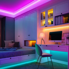 Multi-color RGB LED strip lights with remote control for dynamic lighting.