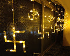 Spiritual OM Swastik LED curtain lights in yellow glow for puja décor, festivals, and divine celebrations